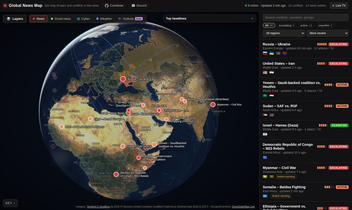 Global News Map project screenshot showing its globe and conflict list.