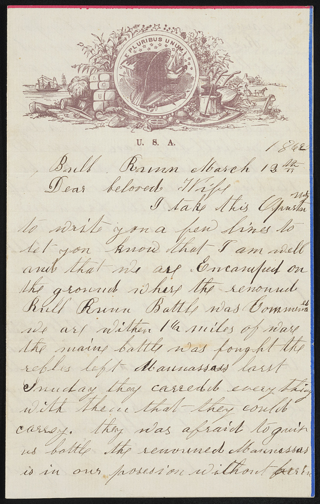 The first page of a handwritten 1862 letter from Union Corporal George L. Hersum to his wife, describing camp near Bull Run.