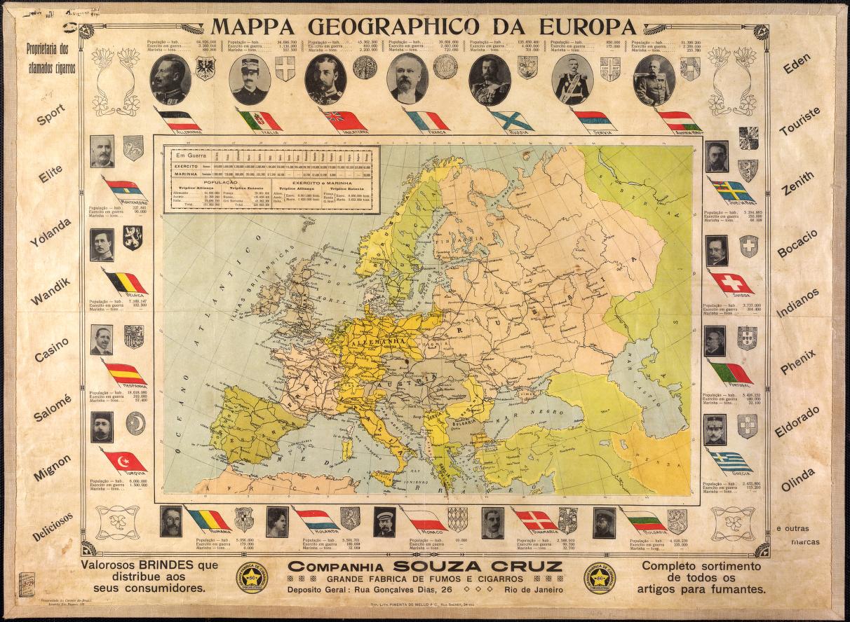 A 1914 Portuguese-language map of Europe framed by leaders, flags and comparisons of the European armies and navies.