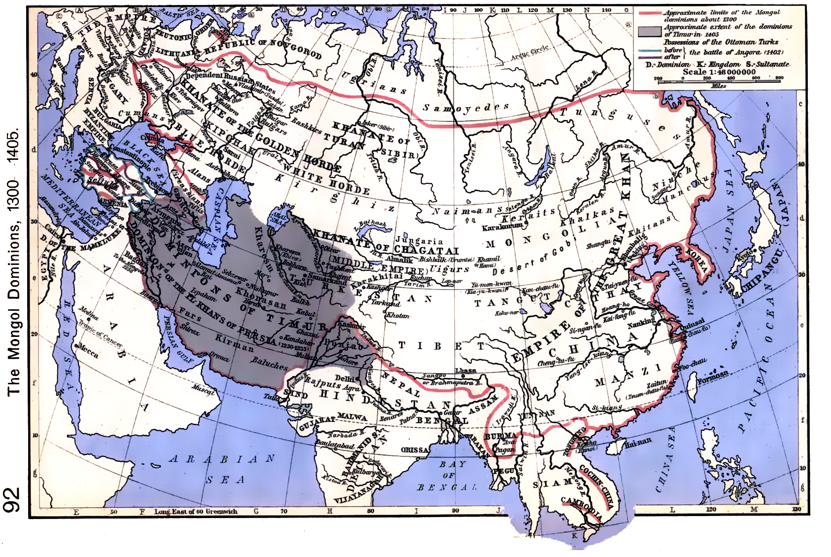 William R. Shepherd’s historical atlas map of Mongol dominions and other Asian territories, published in 1923.