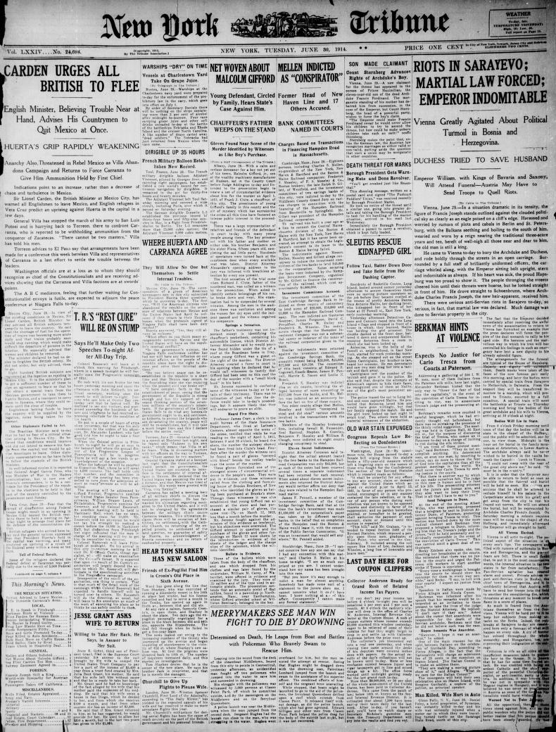 Front page of the New-York Tribune dated June 30, 1914, reporting riots in Sarajevo and martial law in Bosnia.