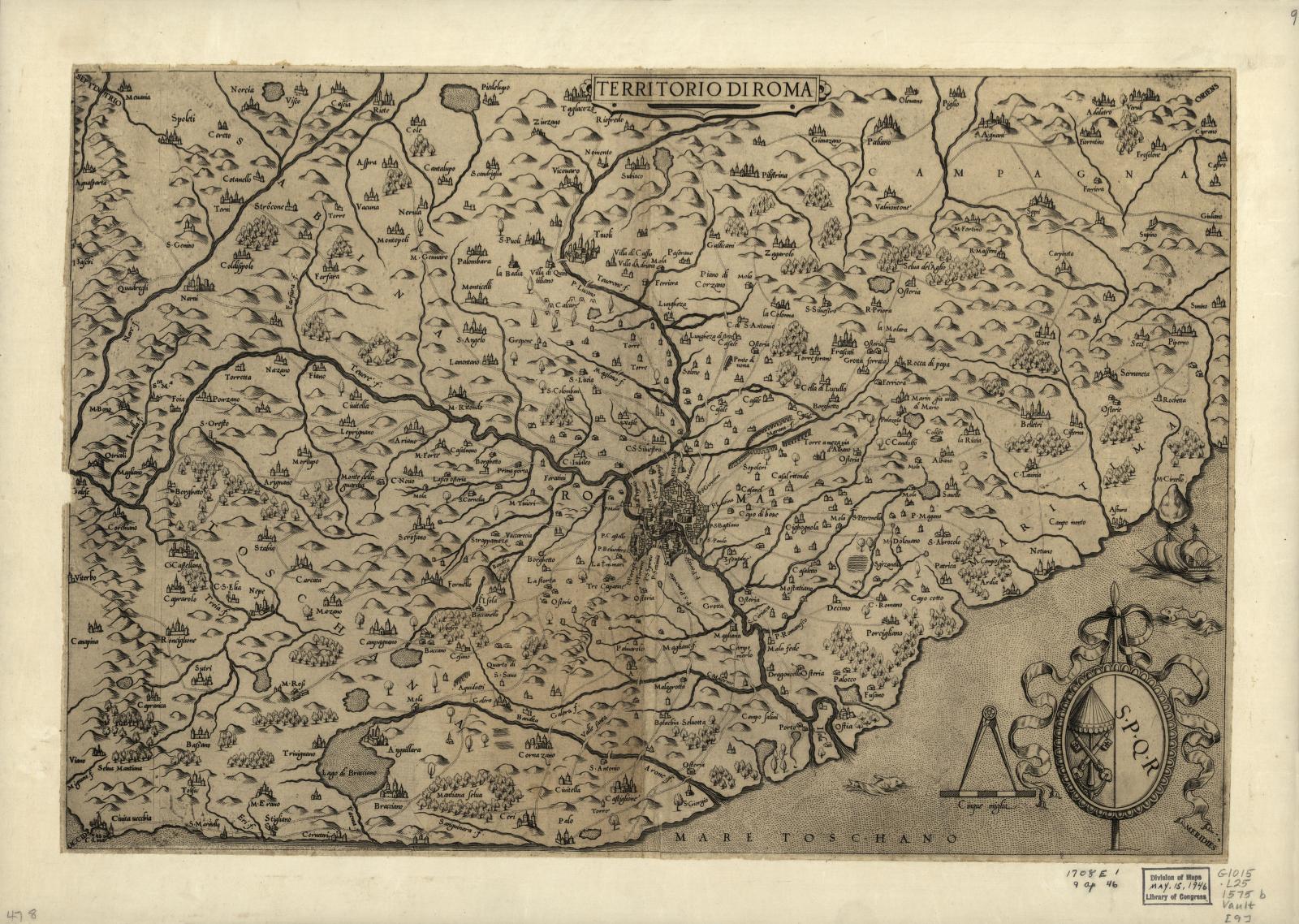 A 16th-century engraved map titled Territorio di Roma, showing Rome and surrounding towns, roads and terrain.