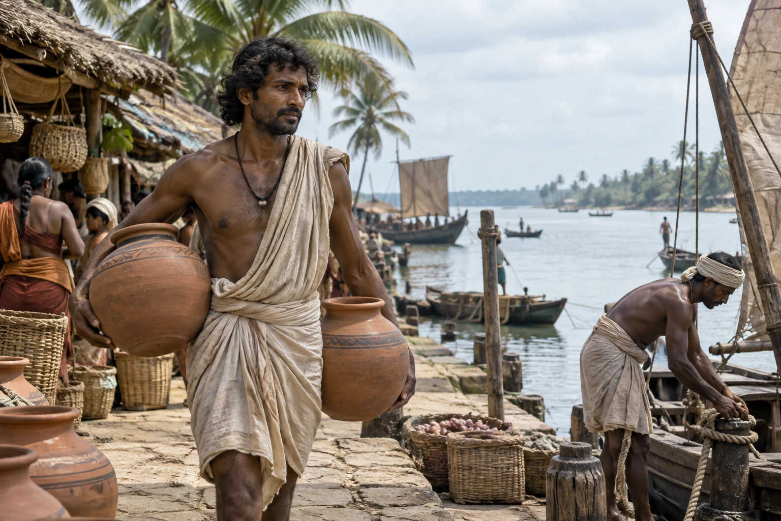 A coastal potter carries water jars past a river landing in ancient Kalinga.